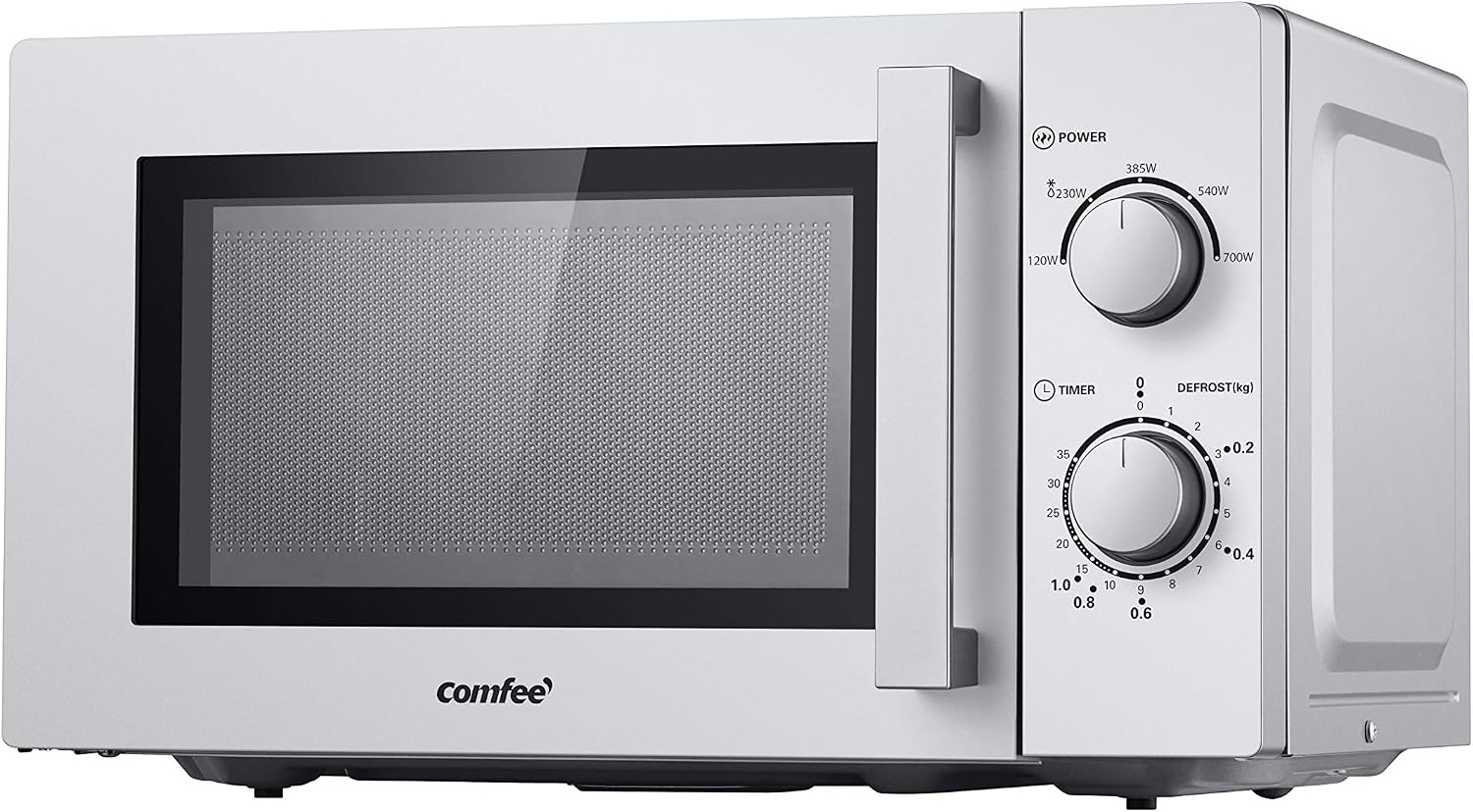 Comfee CMSN 20 si magnetron, solo-magnetron met 5 standen, binnenverlichting, easy derost, 360° draaiplateau, twee draaiknoppen, 20 l/700 W, zilver