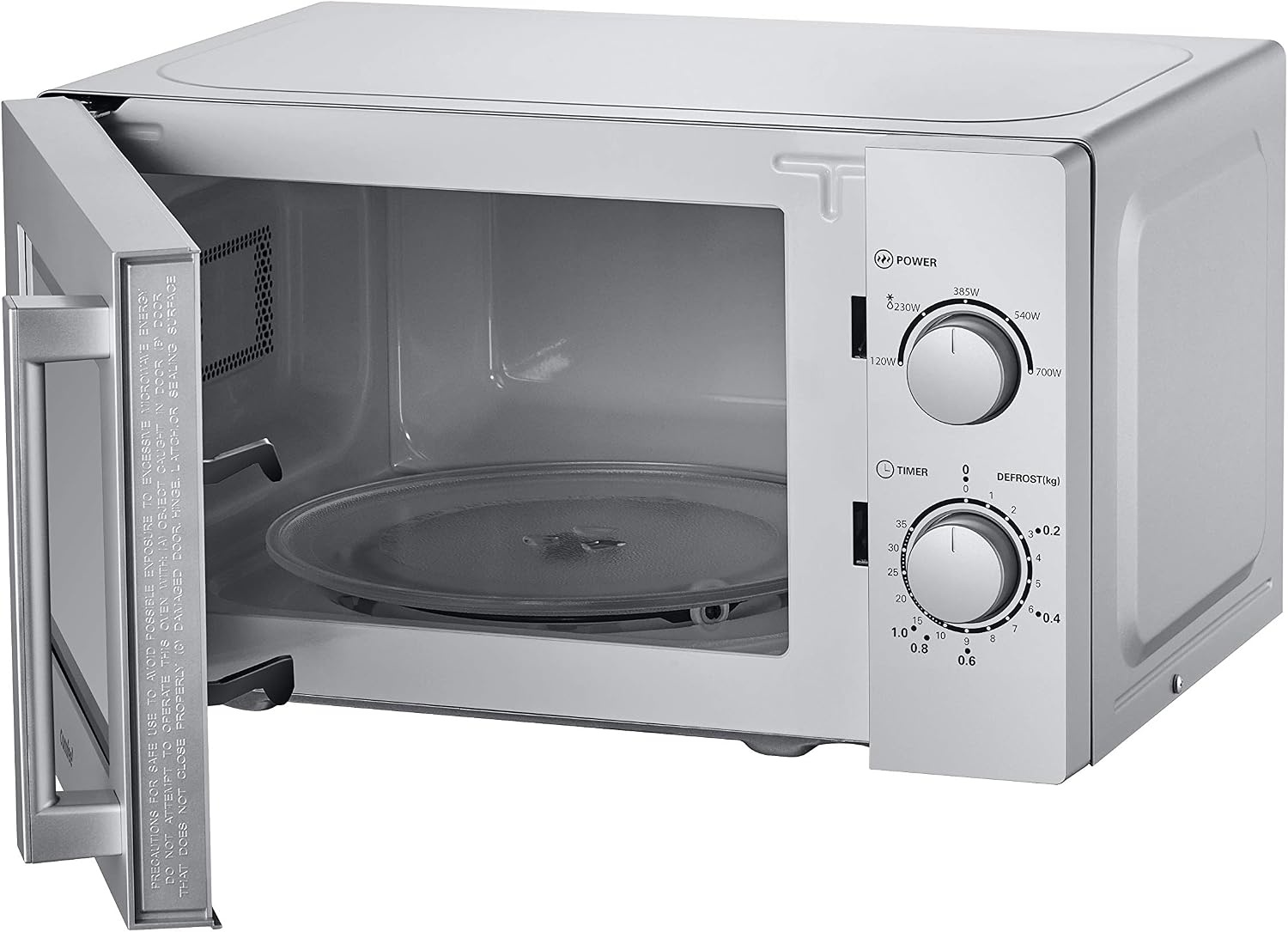 Comfee CMSN 20 si magnetron, solo-magnetron met 5 standen, binnenverlichting, easy derost, 360° draaiplateau, twee draaiknoppen, 20 l/700 W, zilver