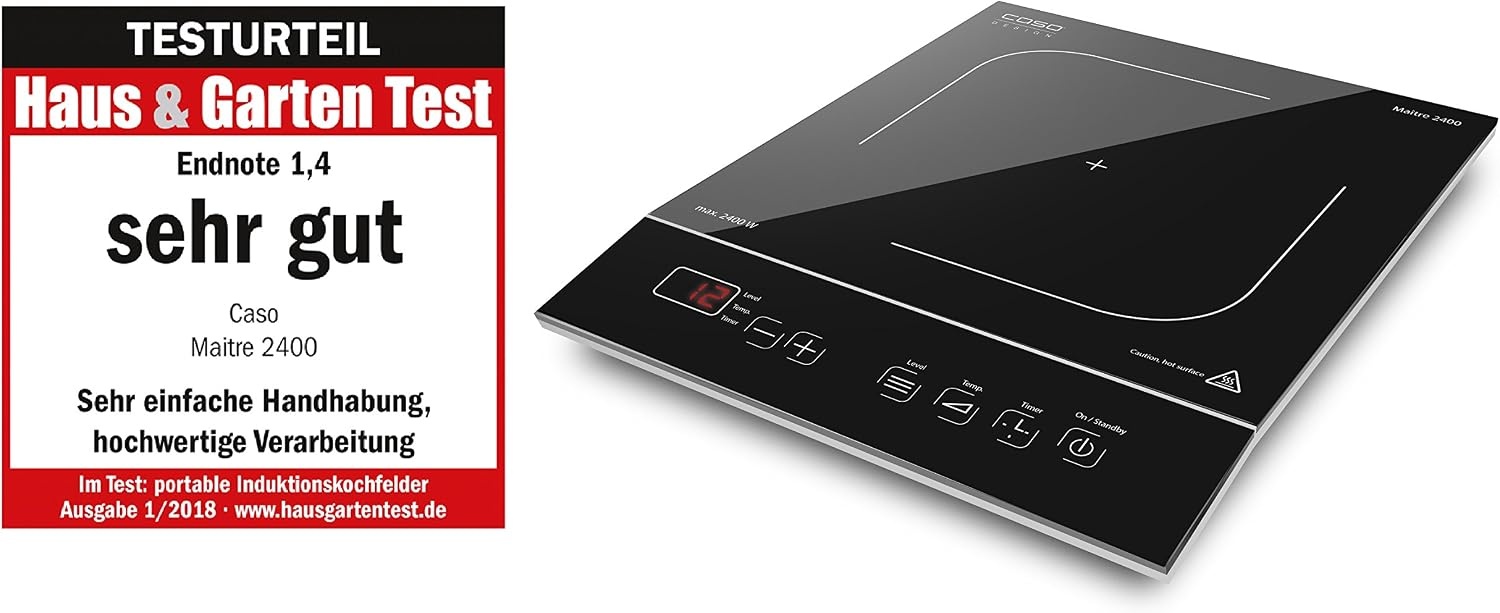 CASO Maitre 2400 Inductiekookplaat, mobiel, SmartControl op 12 standen, 60-240 °C, timer tot 180 minuten, pannen tot 26 cm, 2400 watt, glaskeramiek