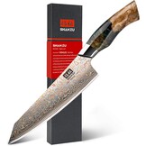 SHAN ZU Damascus Koksmes 20 cm – Handgesmeed in 33 Lagen Koper & Damascus Staal, Japanse 10Cr15MoV Kern, Professioneel Keukenmes met Esdoornhouten Handvat