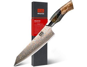 SHAN ZU Damascus Koksmes 20 cm – Handgesmeed in 33 Lagen Koper & Damascus Staal, Japanse 10Cr15MoV Kern, Professioneel Keukenmes met Esdoornhouten Handvat