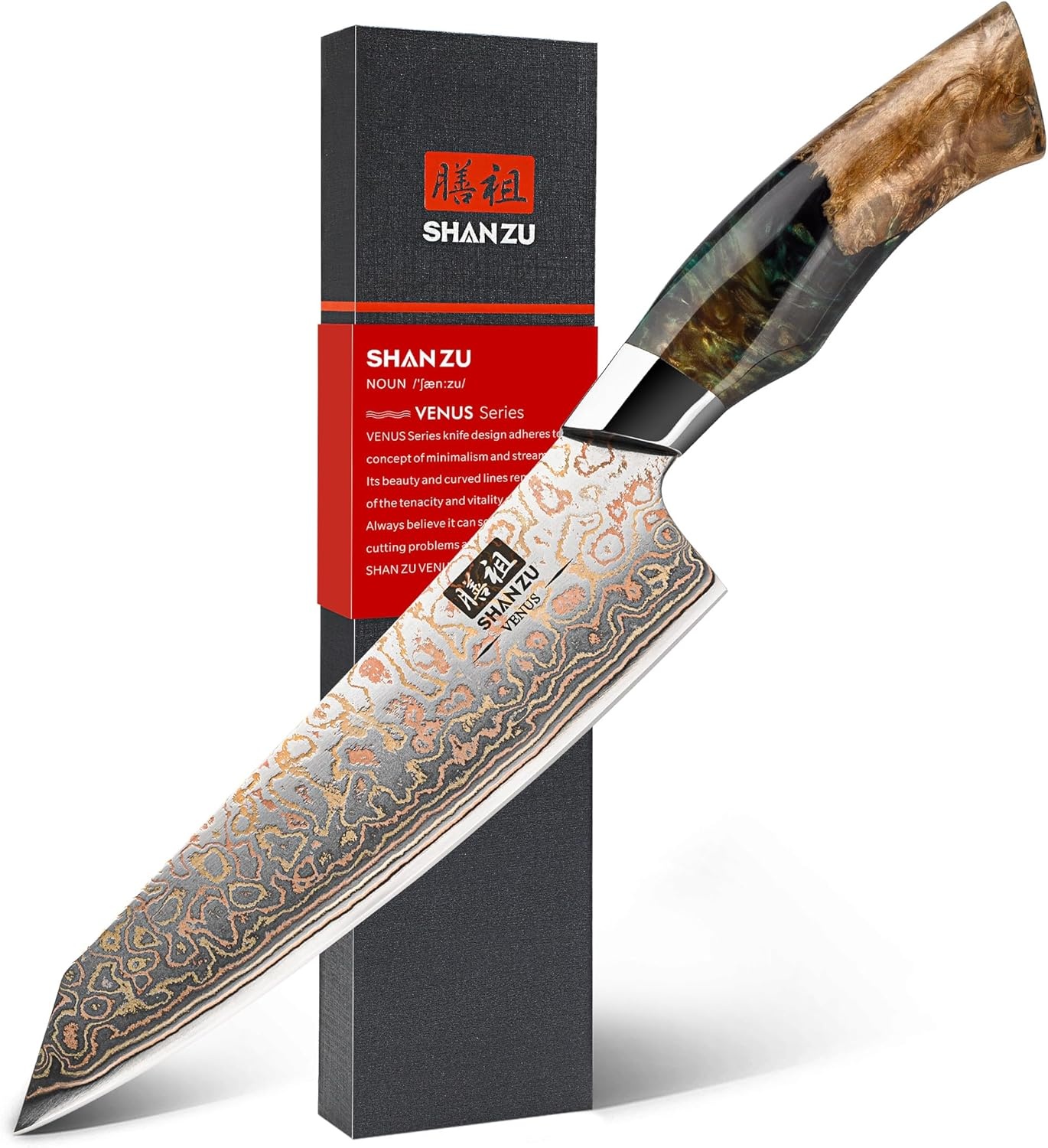 SHAN ZU Damascus Koksmes 20 cm – Handgesmeed in 33 Lagen Koper & Damascus Staal, Japanse 10Cr15MoV Kern, Professioneel Keukenmes met Esdoornhouten Handvat