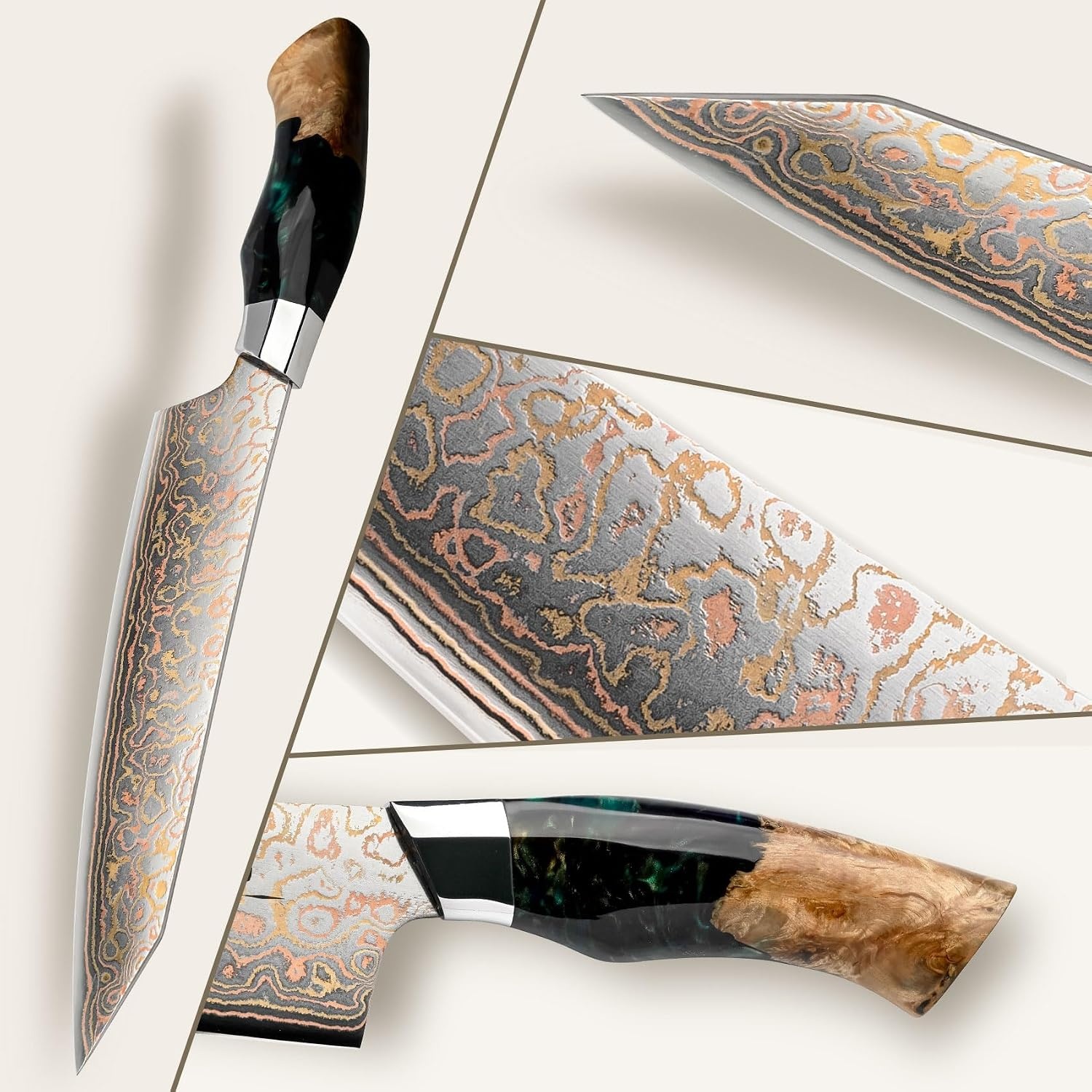 SHAN ZU Damascus Koksmes 20 cm – Handgesmeed in 33 Lagen Koper & Damascus Staal, Japanse 10Cr15MoV Kern, Professioneel Keukenmes met Esdoornhouten Handvat