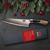 SHAN ZU Damascus Koksmes 20 cm – Handgesmeed in 33 Lagen Koper & Damascus Staal, Japanse 10Cr15MoV Kern, Professioneel Keukenmes met Esdoornhouten Handvat