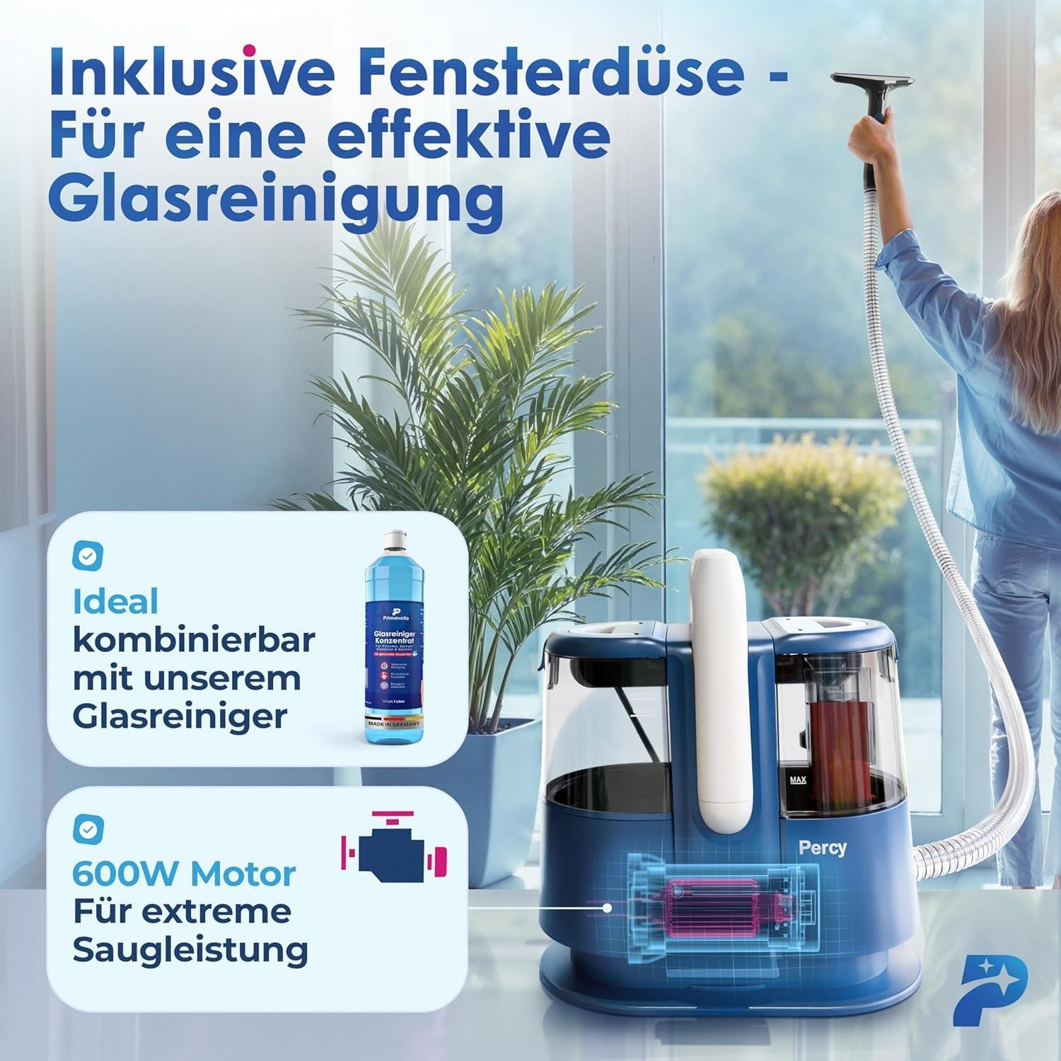 Primavella Percy Nat- en Droogzuiger - 600W - 1,5 Liter - Blauw - Inclusief 4 Opzetstukken