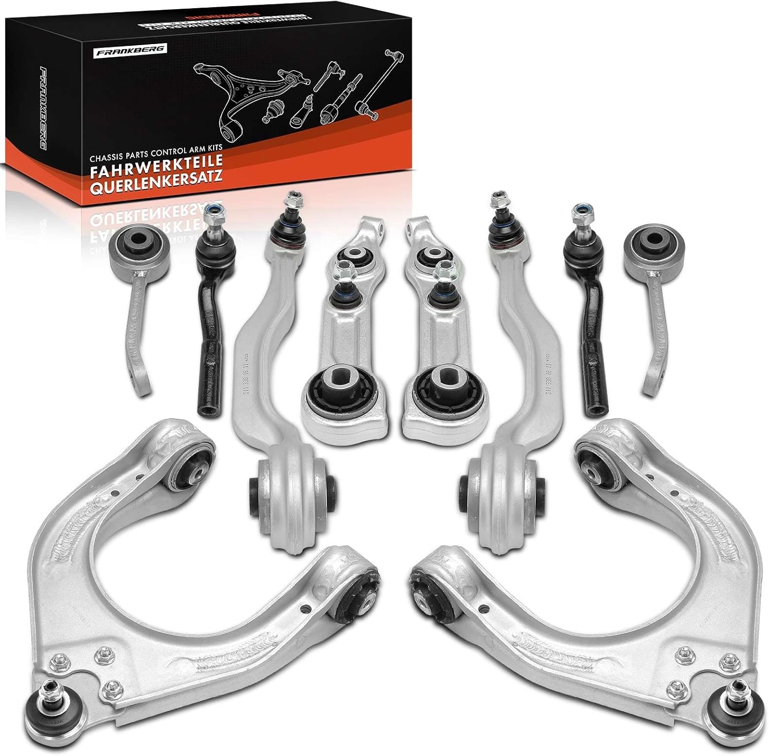 Frankberg 6x draagarm + 2x spoorstangkop + 2 x koppelstang vooras, compatibel met E-klasse W211 1.8L-6.2L 2002-2008 E-klasse T-Model S211 1.8L-6.2L 2003-2009 Vervanging # 2113308207