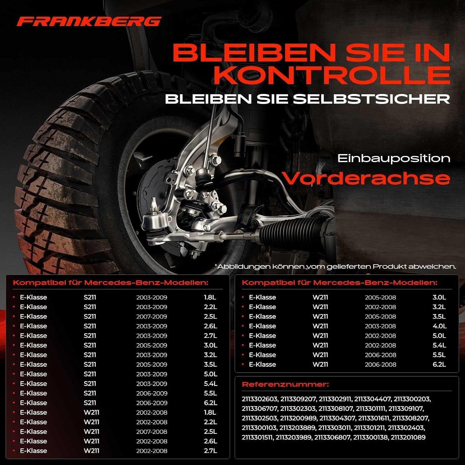 Frankberg 6x draagarm + 2x spoorstangkop + 2 x koppelstang vooras, compatibel met E-klasse W211 1.8L-6.2L 2002-2008 E-klasse T-Model S211 1.8L-6.2L 2003-2009 Vervanging # 2113308207