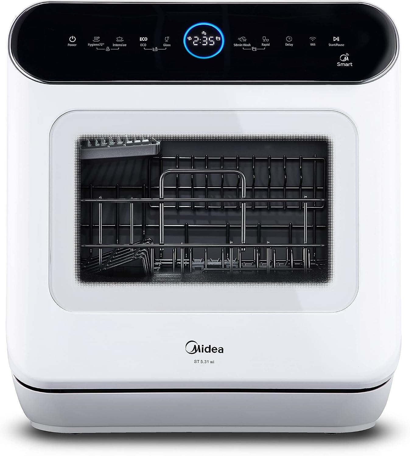 Midea ST 5.31 Mini-vaatwasser, 42 cm, vrijstaande tafelvaatwasser met wifi-bediening, vaatwasser, 7 programma's, 3 couverts Touch, 58 dB, met of zonder wateraansluiting bruikbaar, wit