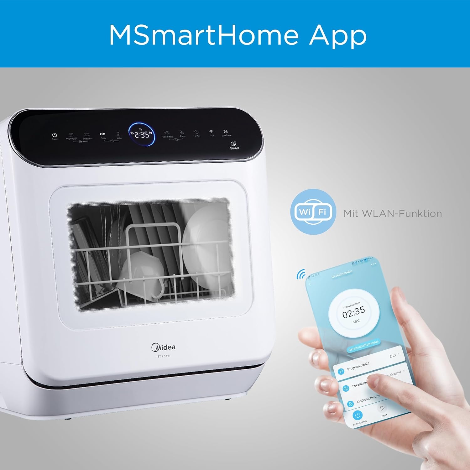 Midea ST 5.31 Mini-vaatwasser, 42 cm, vrijstaande tafelvaatwasser met wifi-bediening, vaatwasser, 7 programma's, 3 couverts Touch, 58 dB, met of zonder wateraansluiting bruikbaar, wit