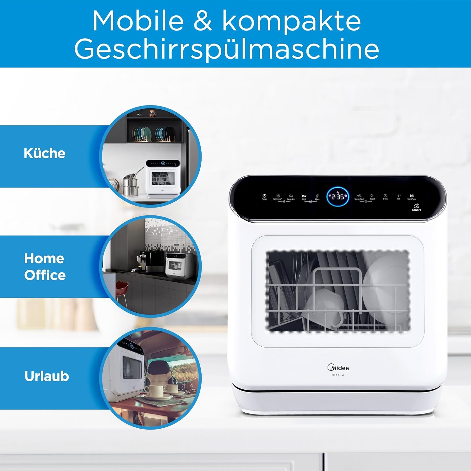 Midea ST 5.31 Mini-vaatwasser, 42 cm, vrijstaande tafelvaatwasser met wifi-bediening, vaatwasser, 7 programma's, 3 couverts Touch, 58 dB, met of zonder wateraansluiting bruikbaar, wit