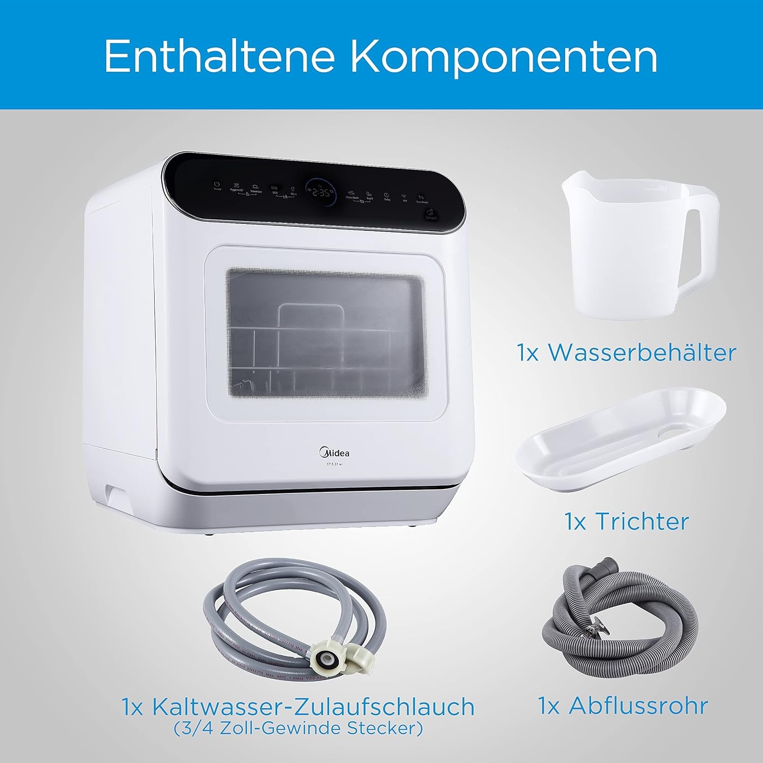 Midea ST 5.31 Mini-vaatwasser, 42 cm, vrijstaande tafelvaatwasser met wifi-bediening, vaatwasser, 7 programma's, 3 couverts Touch, 58 dB, met of zonder wateraansluiting bruikbaar, wit