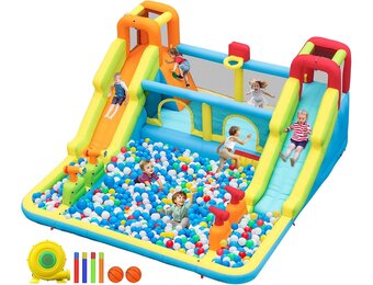 Opblaasbaar slot met waterglijbaan voor kinderen met zwembad, 452x416x210cm