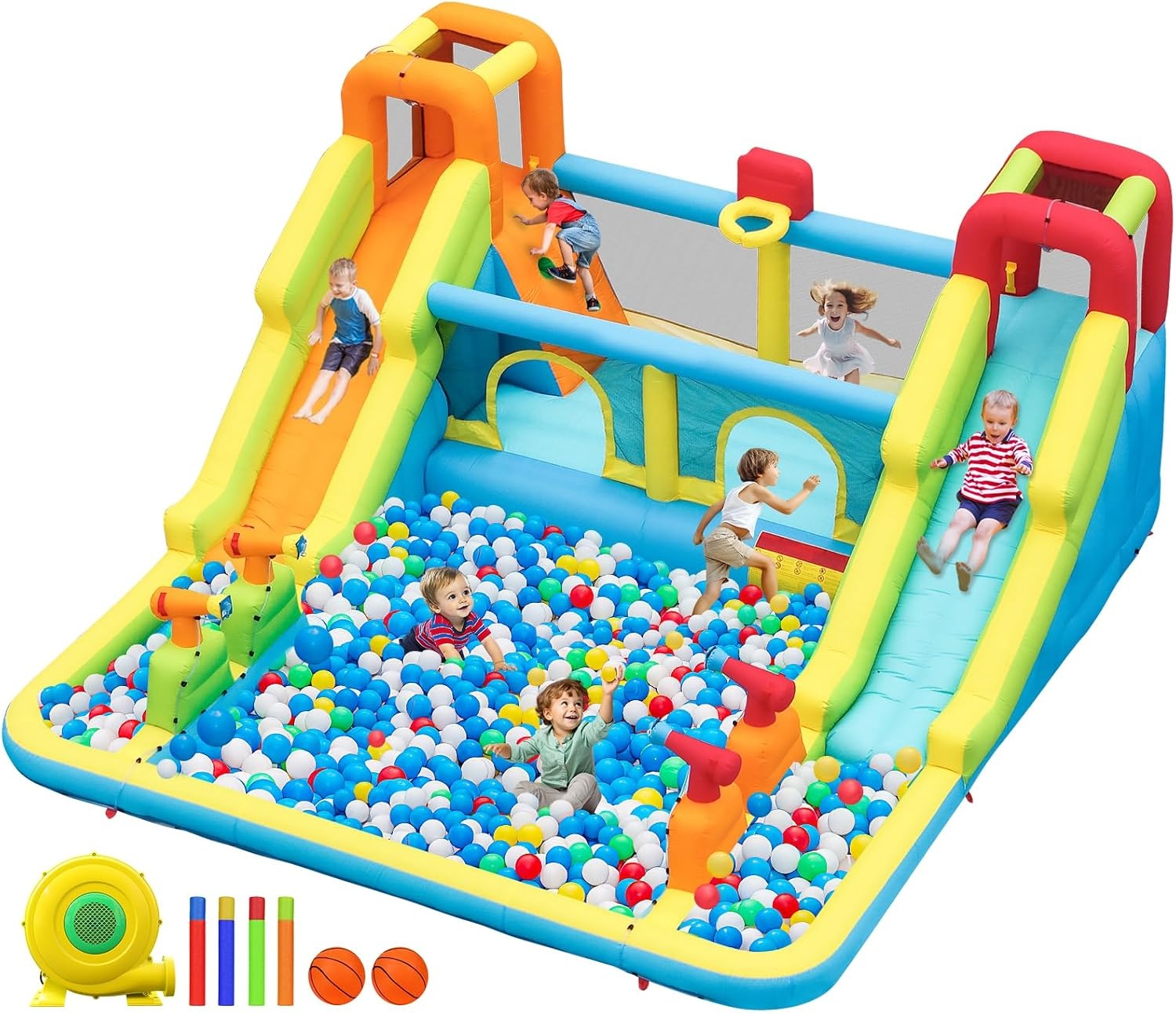 Opblaasbaar slot met waterglijbaan voor kinderen met zwembad, 452x416x210cm