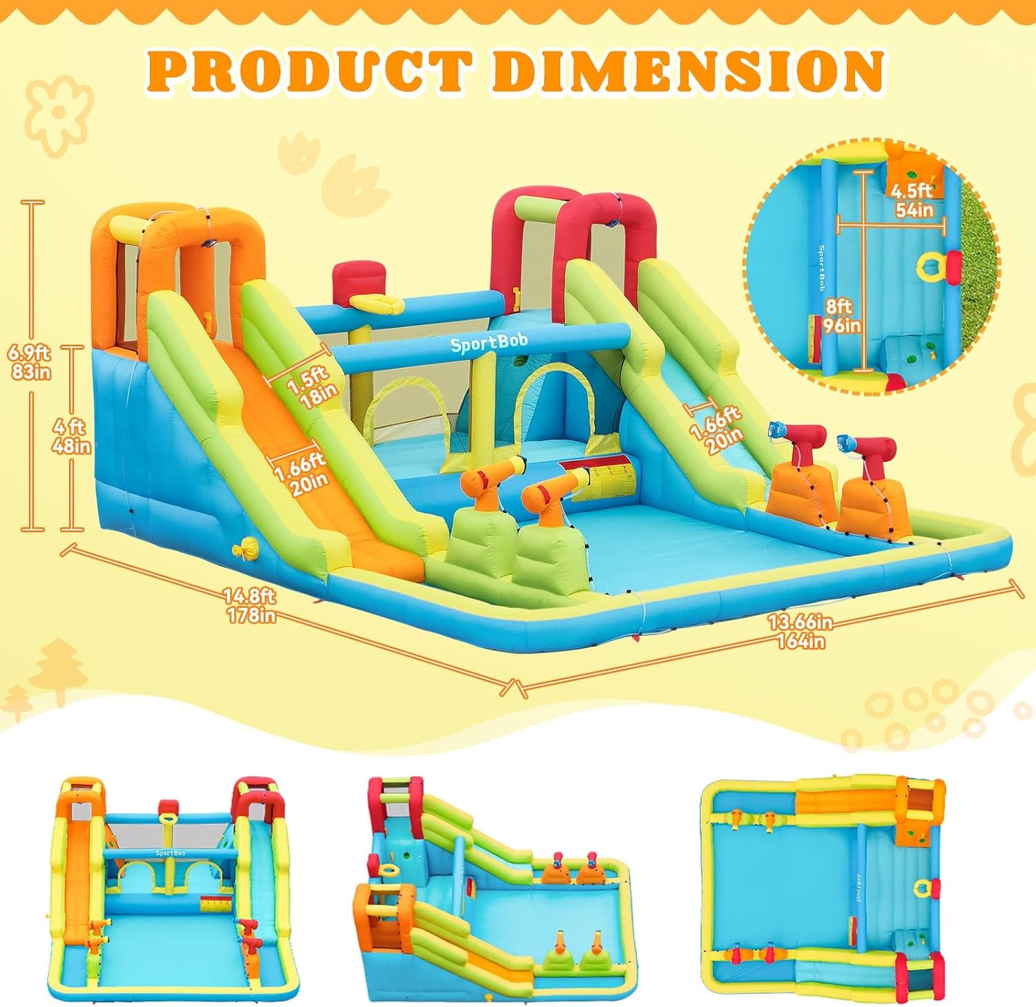 Opblaasbaar slot met waterglijbaan voor kinderen met zwembad, 452x416x210cm