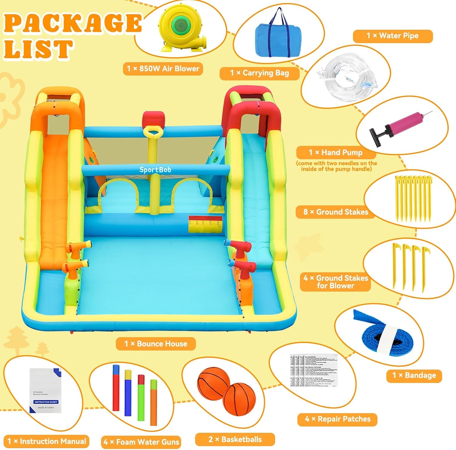 Opblaasbaar slot met waterglijbaan voor kinderen met zwembad, 452x416x210cm