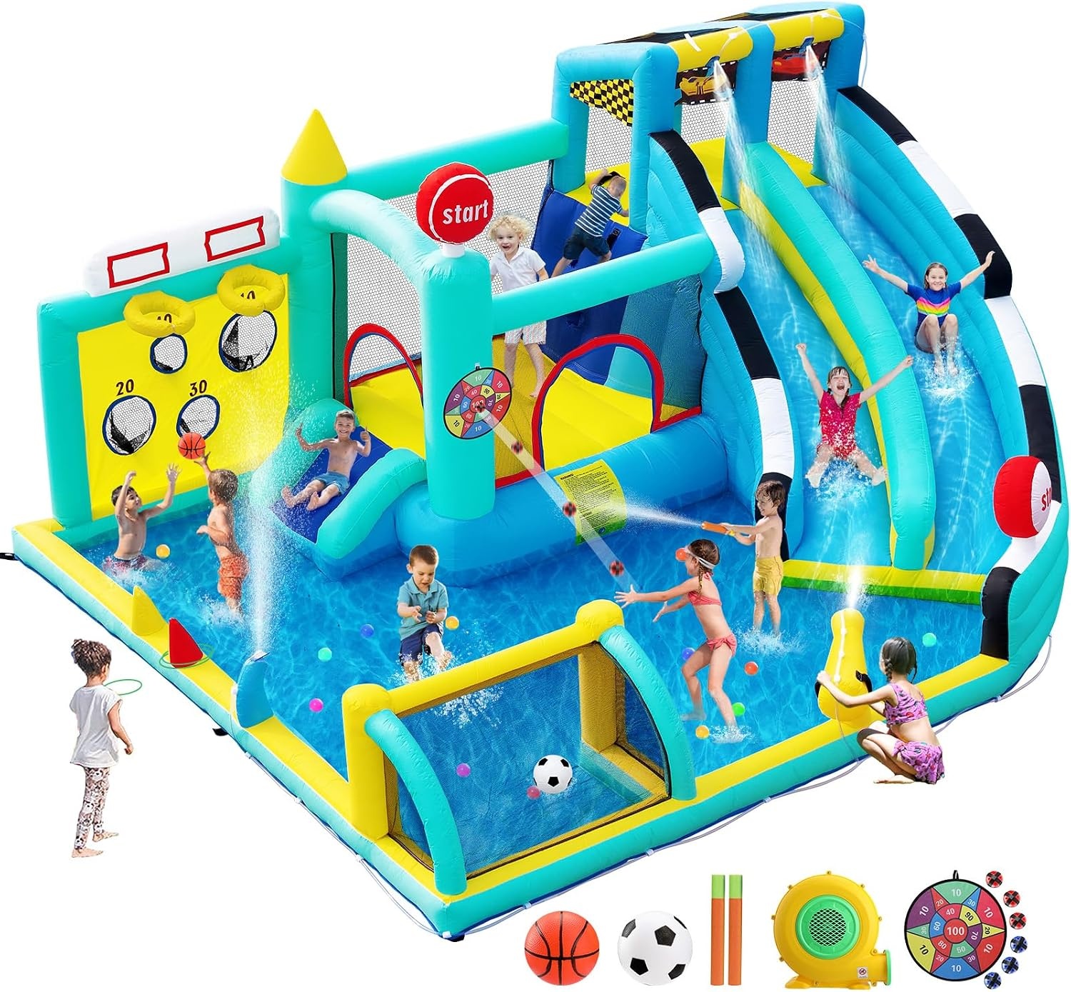Opblaasbaar slot met waterglijbaan voor kinderen met zwembad, 452x416x210cm