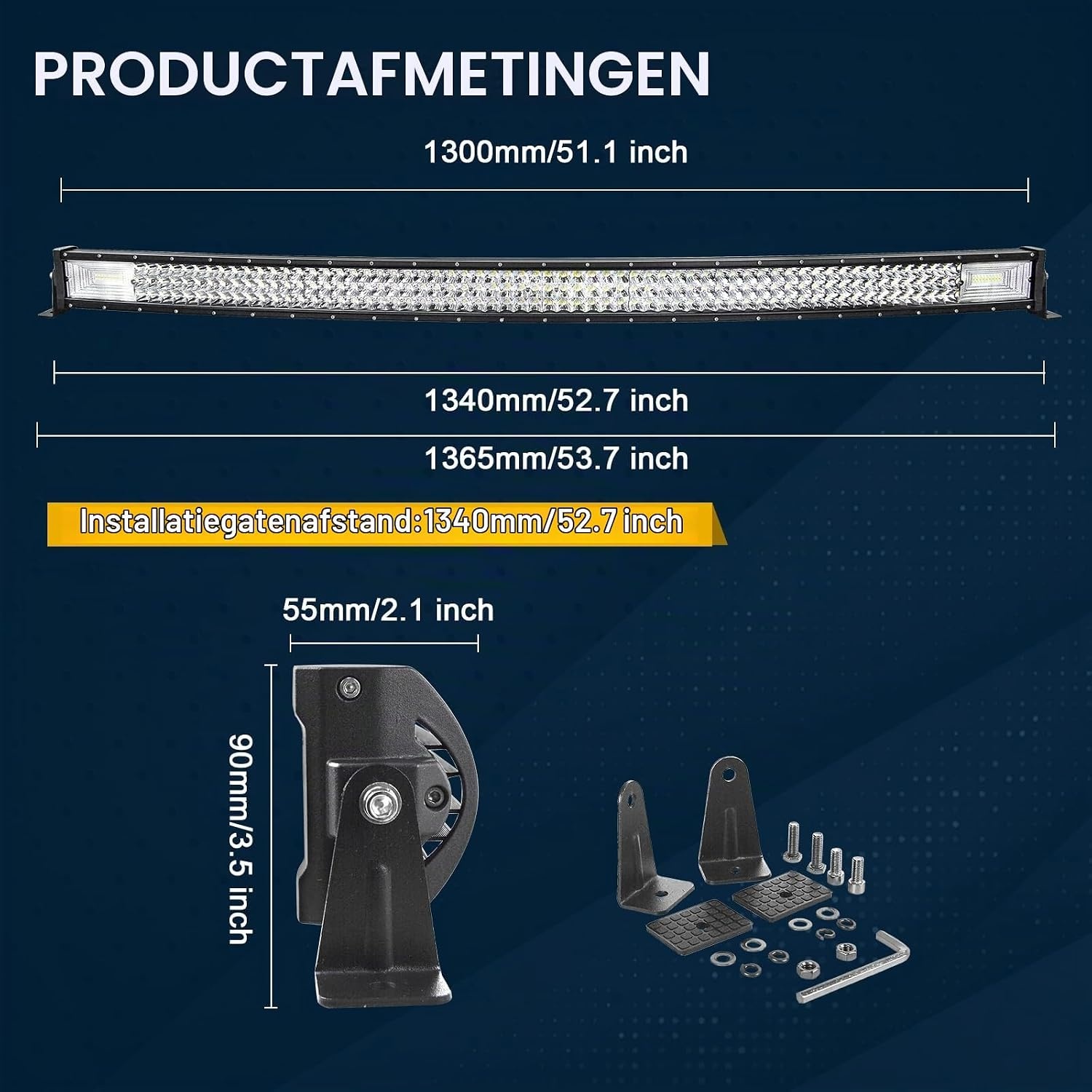 RIGIDON 52 inch 130cm 675W curved 4x4 LED lightbar with 12V wiring set - Maat 52inch 675W + kabelboom set