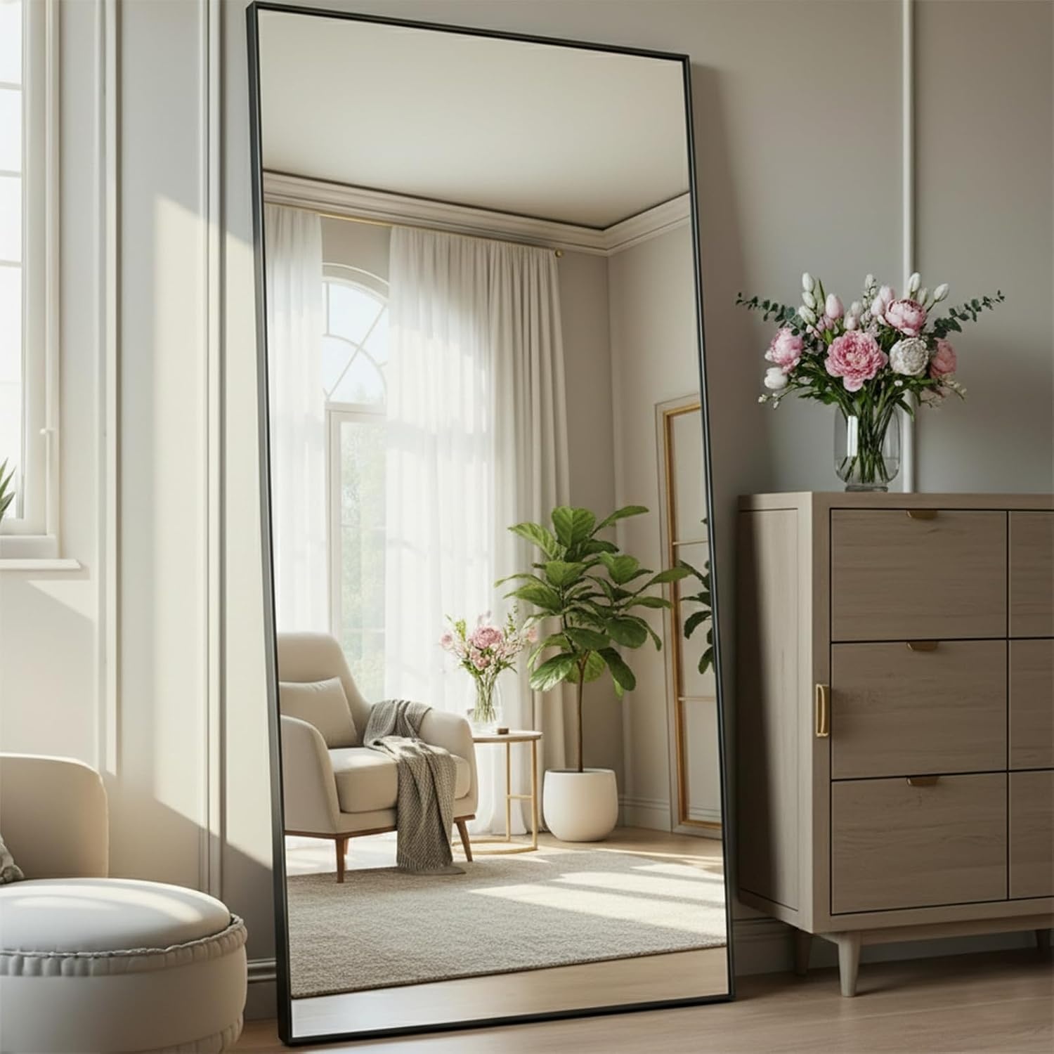 Aplancee Volledige spiegel, staande spiegel, 180 x 80 cm, grote vloerspiegel om tegen te leunen of op te hangen, rechthoekige HD-spiegel voor kleedkamer, slaapkamer, woonkamer, zwart