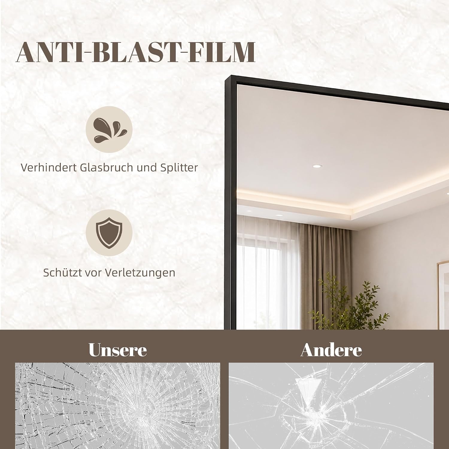 Aplancee Volledige spiegel, staande spiegel, 180 x 80 cm, grote vloerspiegel om tegen te leunen of op te hangen, rechthoekige HD-spiegel voor kleedkamer, slaapkamer, woonkamer, zwart