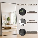 Aplancee Volledige spiegel, staande spiegel, 180 x 80 cm, grote vloerspiegel om tegen te leunen of op te hangen, rechthoekige HD-spiegel voor kleedkamer, slaapkamer, woonkamer, zwart