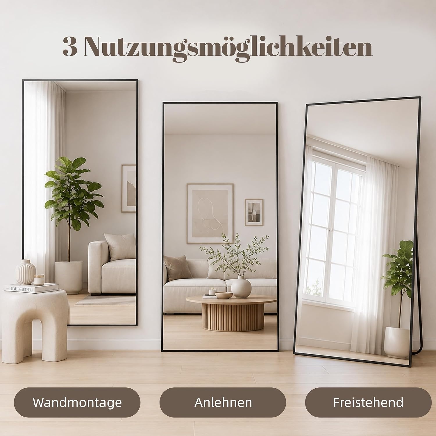 Aplancee Volledige spiegel, staande spiegel, 180 x 80 cm, grote vloerspiegel om tegen te leunen of op te hangen, rechthoekige HD-spiegel voor kleedkamer, slaapkamer, woonkamer, zwart