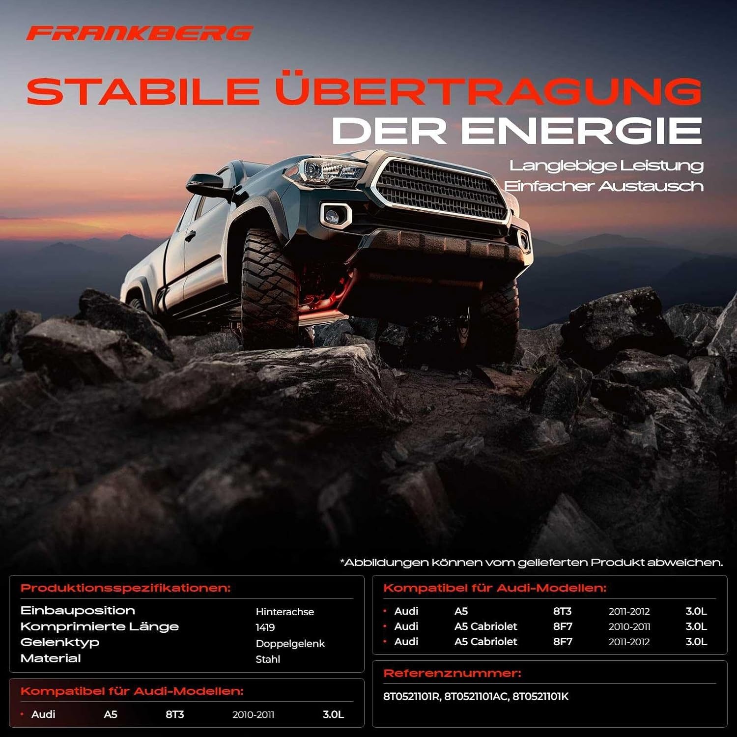 Frankberg 8T0521101K Aandrijfas, aandrijfas, achteras, compatibel met A5 8T3 3.0L diesel 2010-2012 A5 Cabriolet 8F7 3.0L diesel 2010-2012, vervanging # 8T0521101K