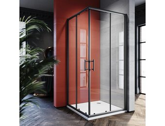 SONNI Douchedeur zonder douchebak, 90 x 100 cm, veiligheidsglas, hoekinstap, douchecabine, schuifdeur, hoekdouche, doucheafscheiding, zwart