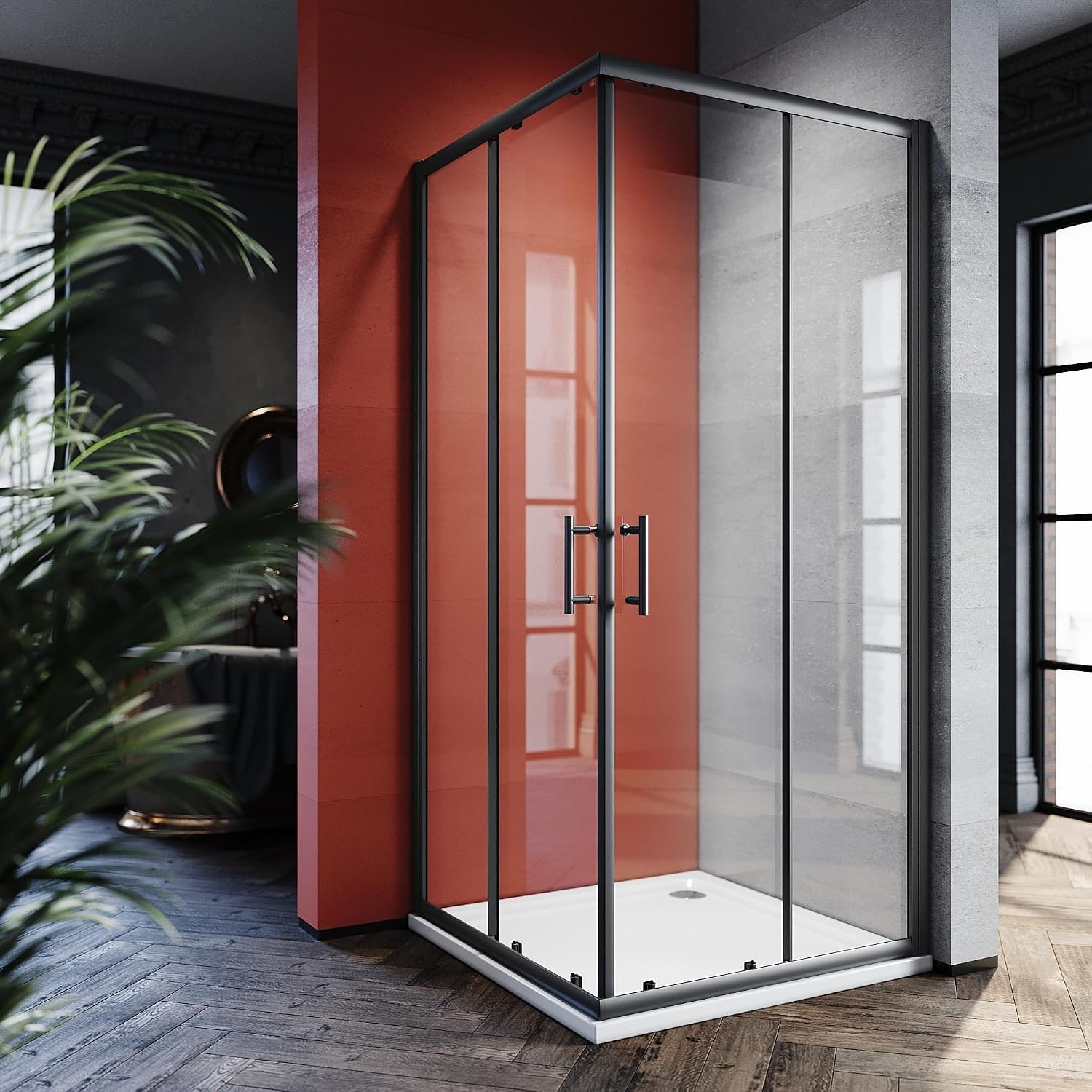 SONNI Douchedeur zonder douchebak, 90 x 100 cm, veiligheidsglas, hoekinstap, douchecabine, schuifdeur, hoekdouche, doucheafscheiding, zwart