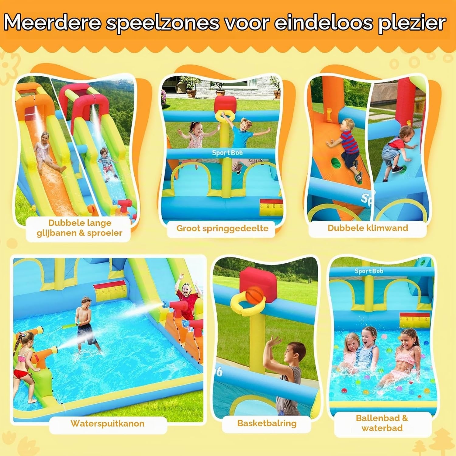 Opblaasbaar slot met waterglijbaan voor kinderen met zwembad, 452x416x210cm