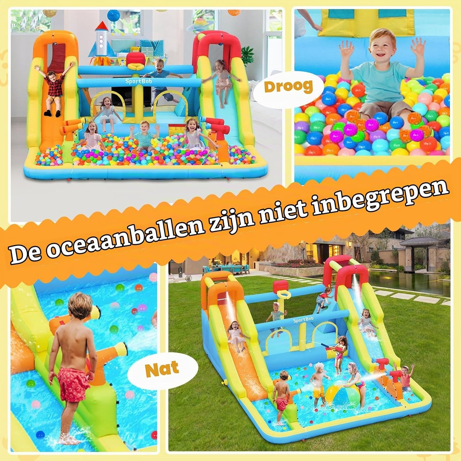 Opblaasbaar slot met waterglijbaan voor kinderen met zwembad, 452x416x210cm