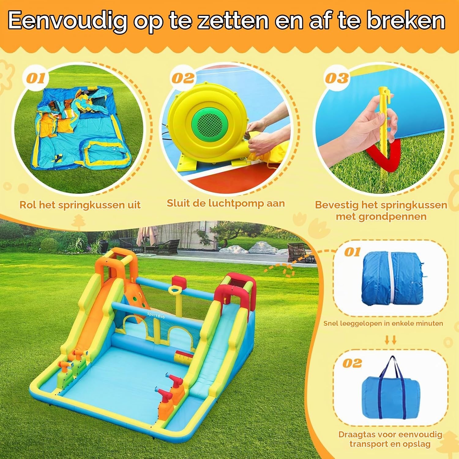 Opblaasbaar slot met waterglijbaan voor kinderen met zwembad, 452x416x210cm