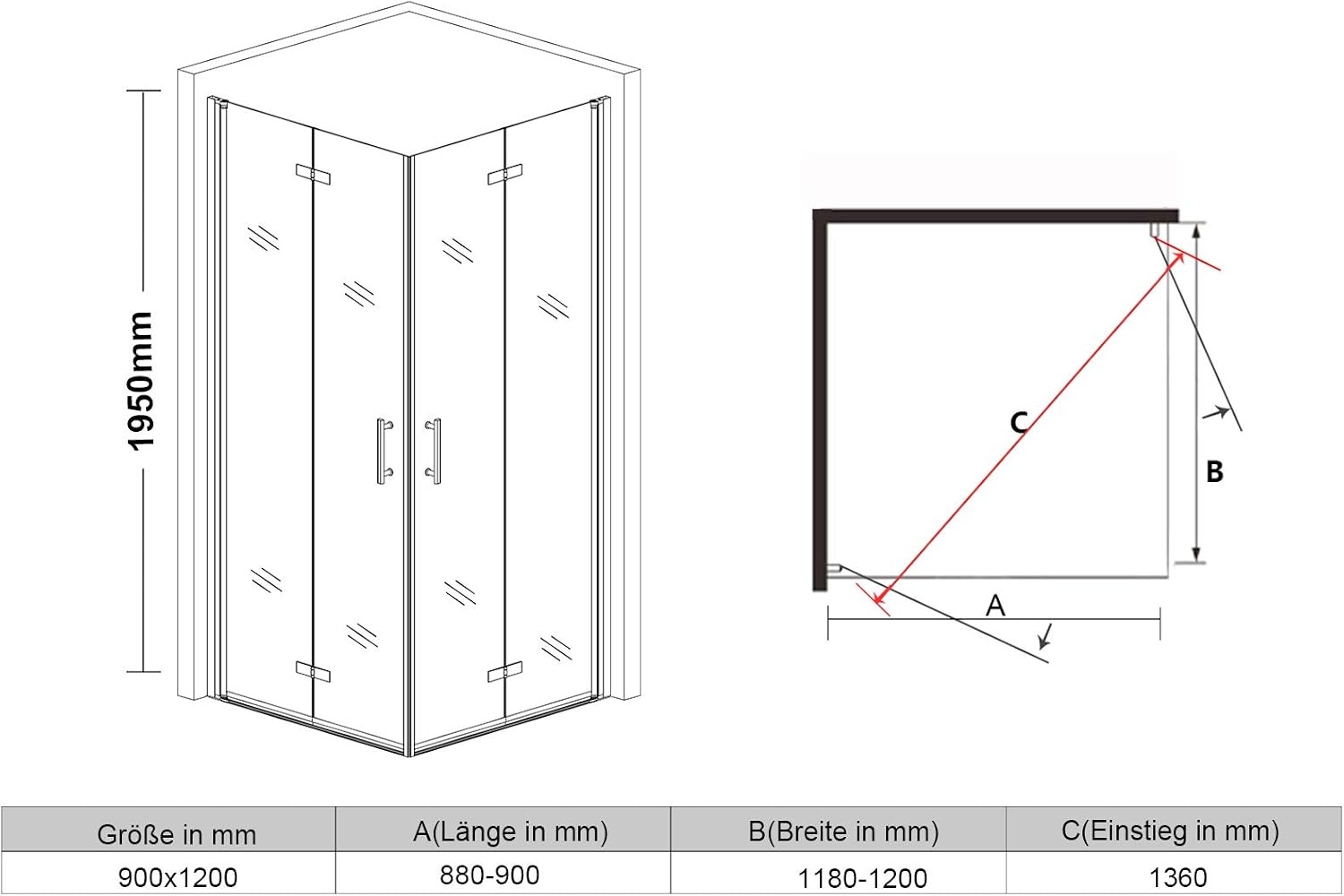 SONNI Douchecabine 120x90 cm vouwdeur hoekinstap beide zijden vouwbaar doucheafscheiding vouwdouche NANO-glas dubbele douchedeur hoogte 195 cm draaivouwdeur