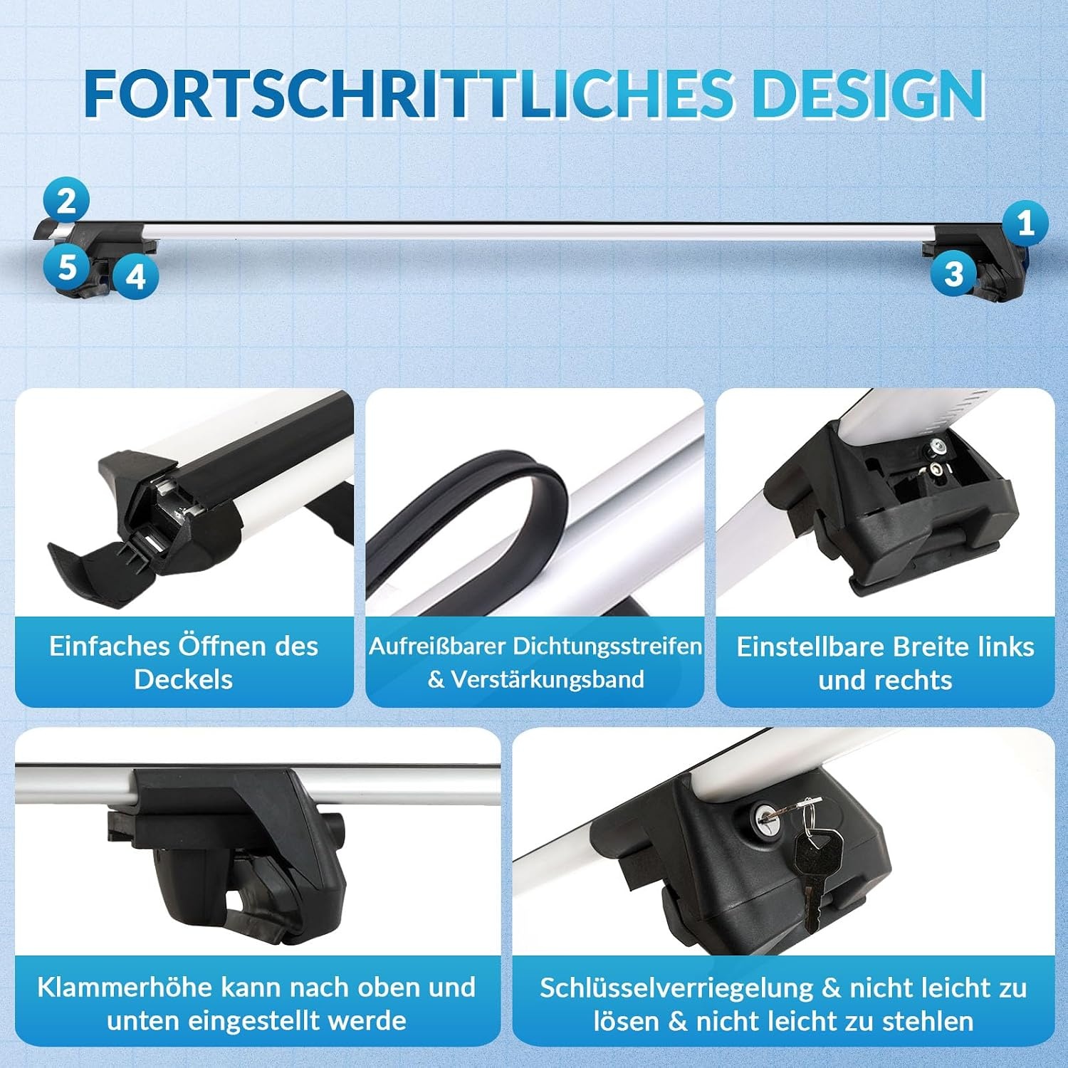 Just-V 130 cm universele imperiaal voor fietsendragers, dakkoffers of als skihouder, van aluminium, met slot afsluitbaar, draagkracht 150 kg, zilver