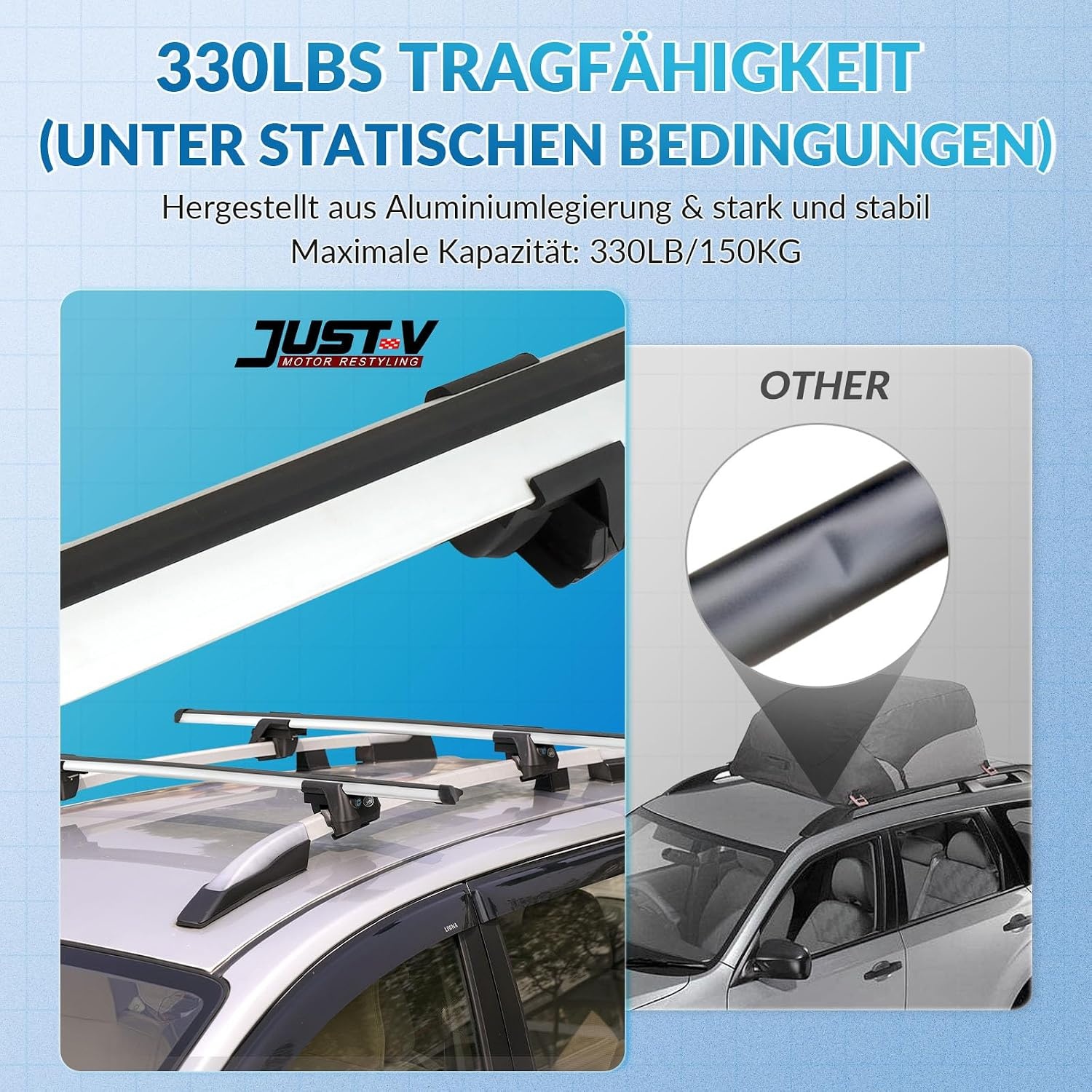 Just-V 130 cm universele imperiaal voor fietsendragers, dakkoffers of als skihouder, van aluminium, met slot afsluitbaar, draagkracht 150 kg, zilver