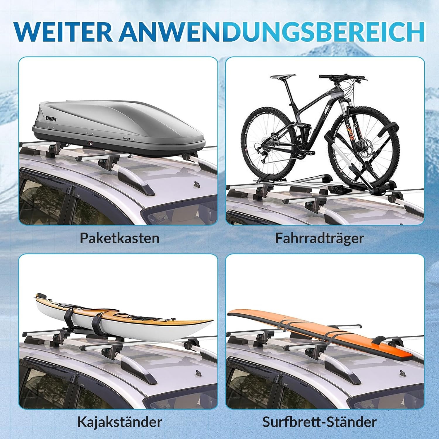 Just-V 130 cm universele imperiaal voor fietsendragers, dakkoffers of als skihouder, van aluminium, met slot afsluitbaar, draagkracht 150 kg, zilver