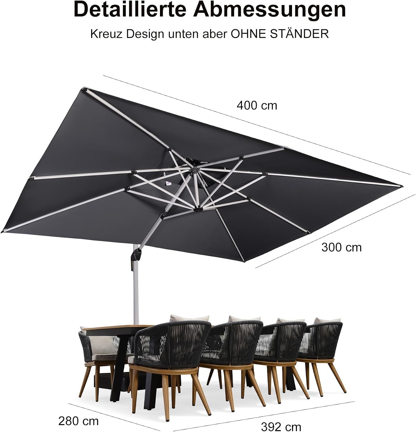 PURPLE LEAF Zweefparasol 300 x 400 cm - Rechthoekig - Grijs - Met 360 graden rotatie