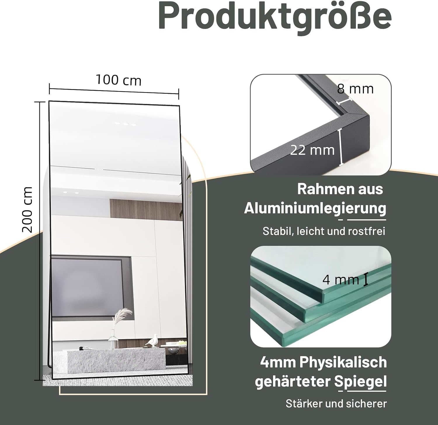 AUFHELLEN Full Body Wandspiegel 200 x 100 cm - Zwart Metalen Frame