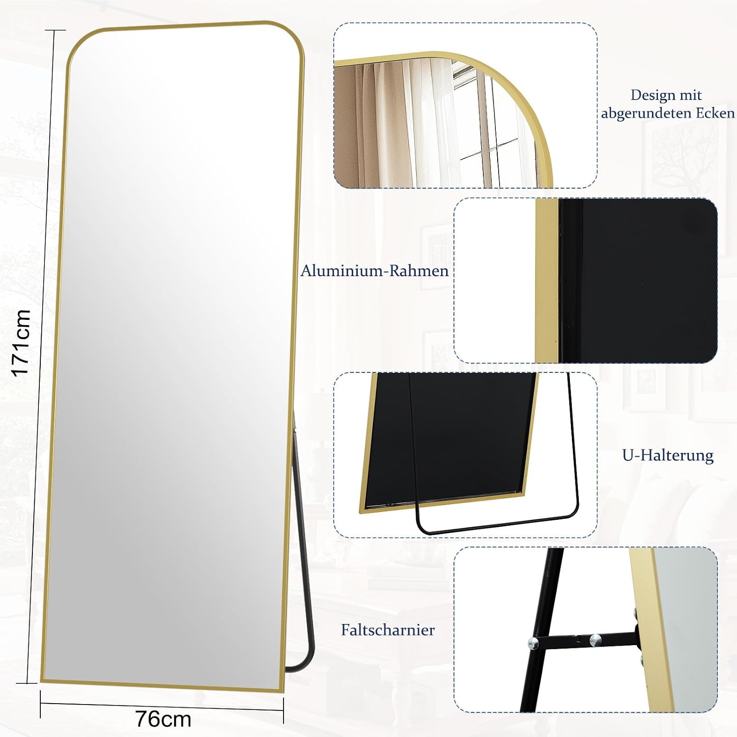 Koonmi Staande Spiegel met Boog - 76 x 171 cm - Goud
