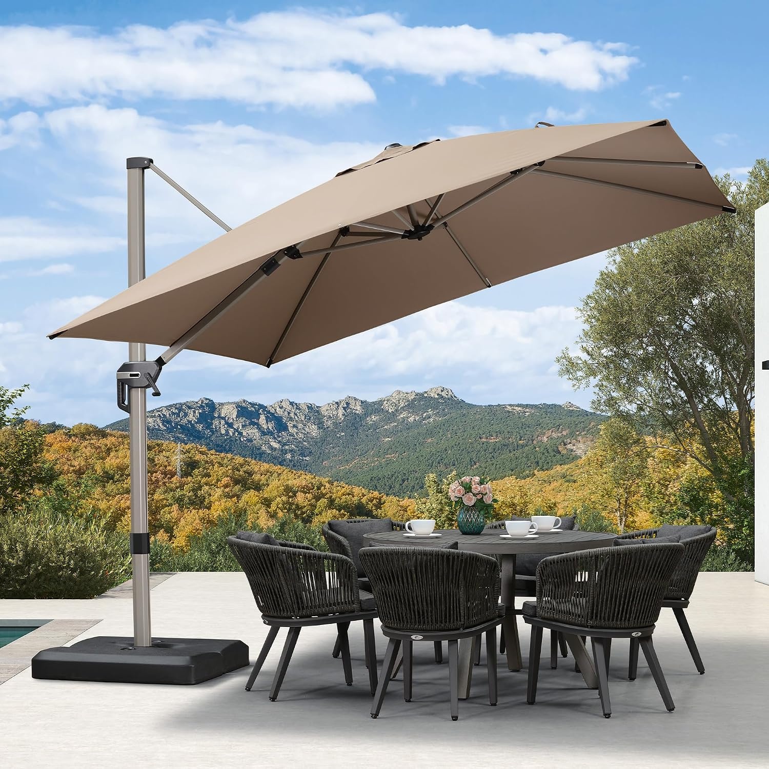 PURPLE LEAF Parasol, aluminium zweefparasol, vierkant, 360 graden rotatie, tuinparasol met zwengel, kantelbaar, UPF 50+, marktparasol, waterdichte zwengelparasol voor tuin, terras