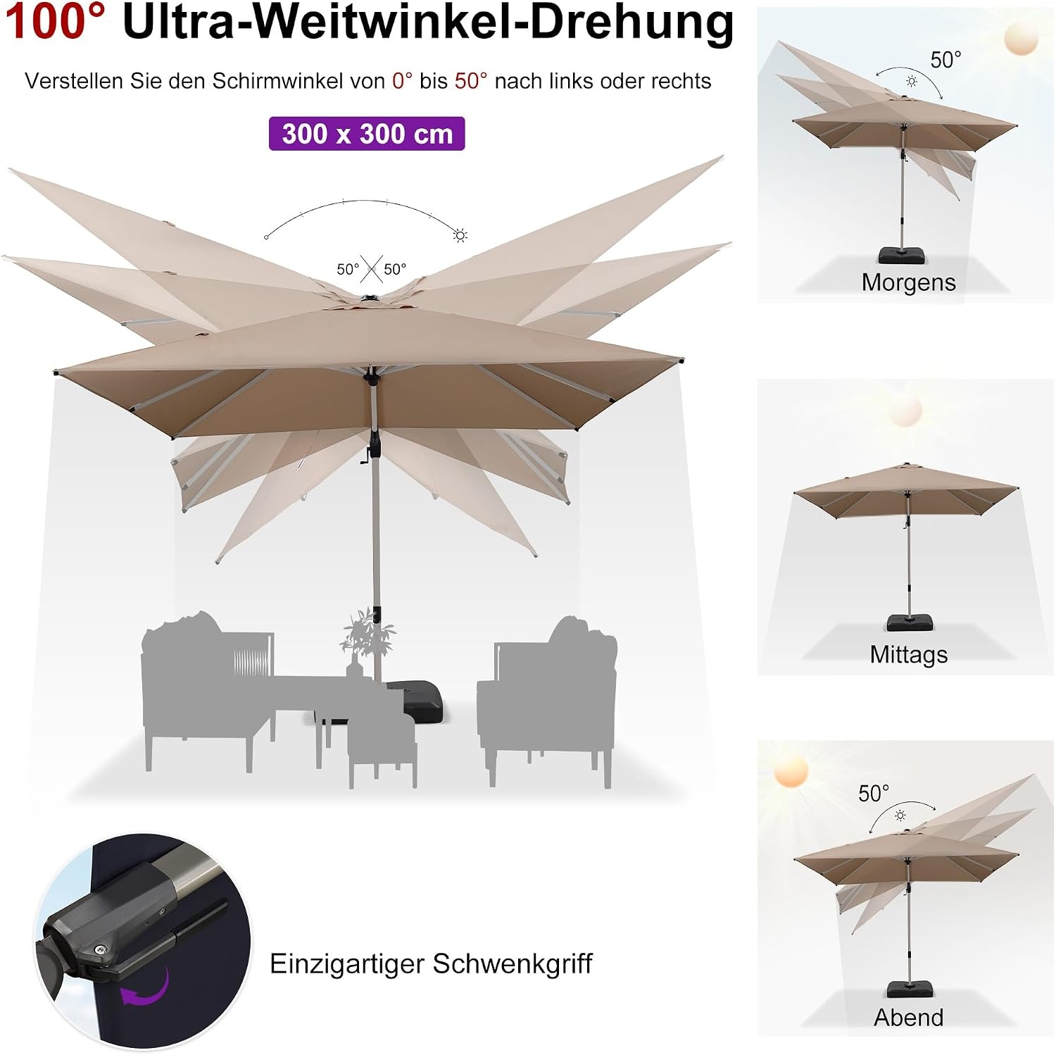PURPLE LEAF Parasol, aluminium zweefparasol, vierkant, 360 graden rotatie, tuinparasol met zwengel, kantelbaar, UPF 50+, marktparasol, waterdichte zwengelparasol voor tuin, terras