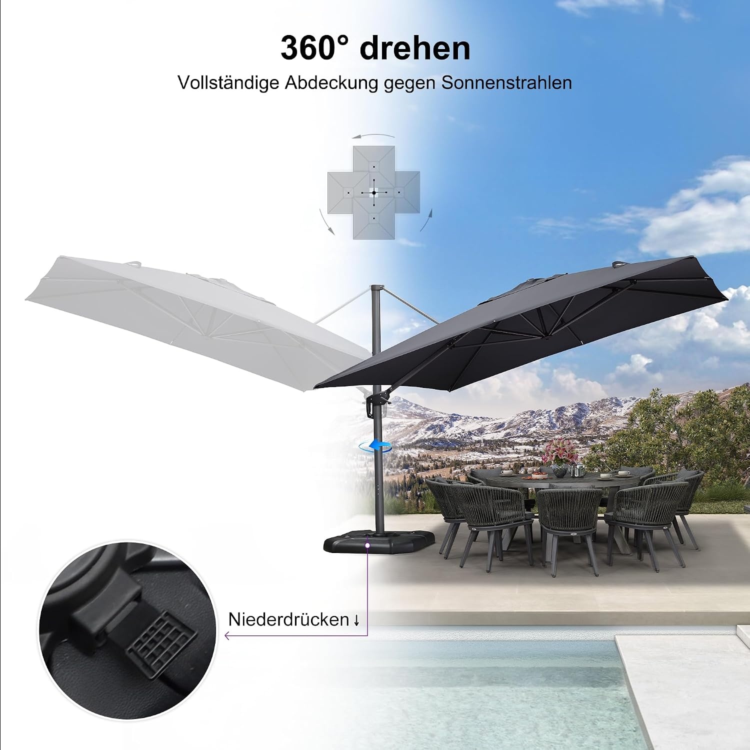 PURPLE LEAF Zweefparasol 350x350 cm - 360 graden draaibaar - Grijs
