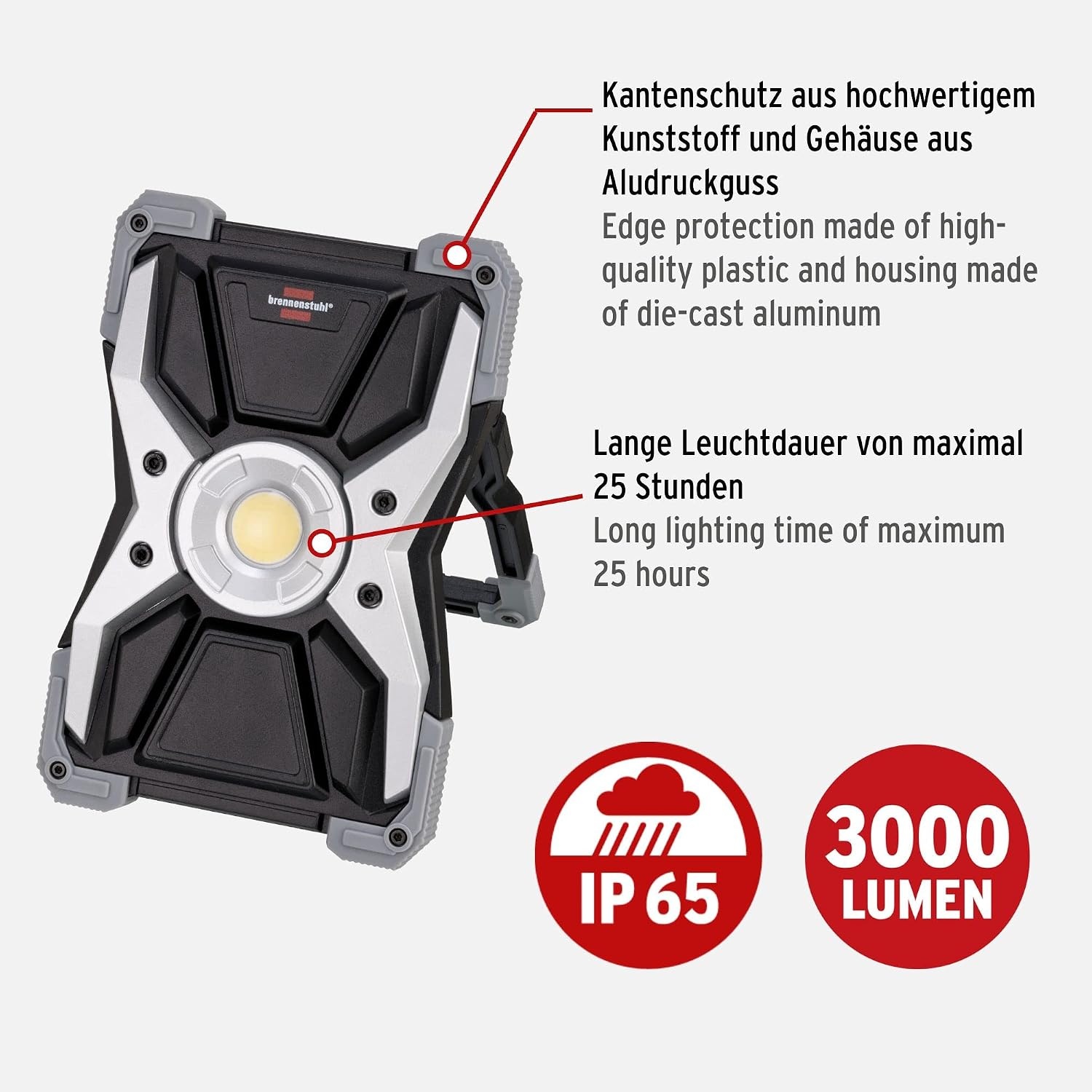 Brennenstuhl RUFUS Oplaadbare LED-bouwlamp - 30W - 3000 Lumen - Zilver