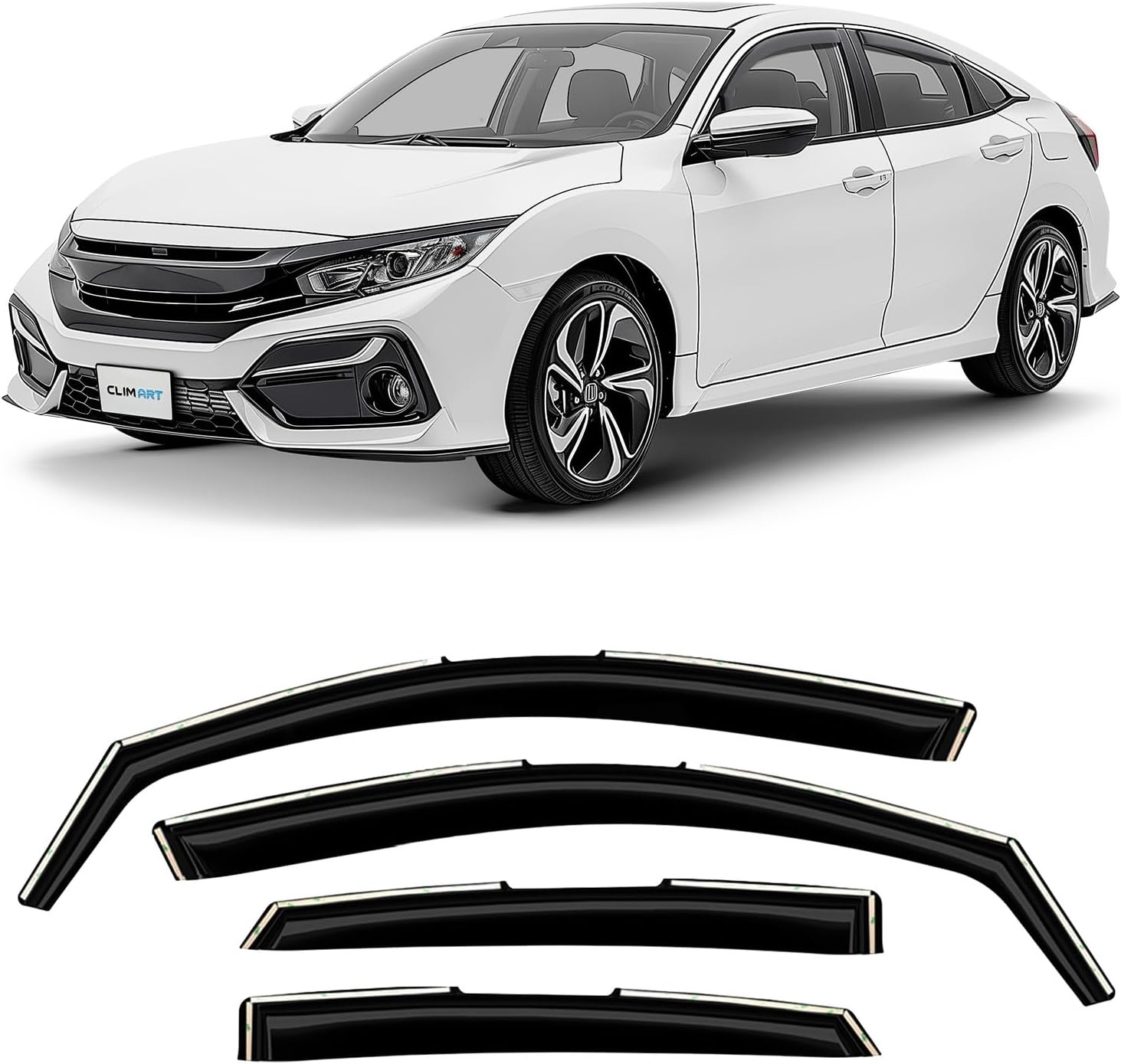 Windgeleiders Honda Civic Sedan 2017-2022 | 4 Stuks | Zwart donker getint acryl | In-channel
