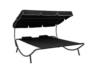 vidaXL Loungebed met Luifel en Kussens - Zwart (34% Korting)