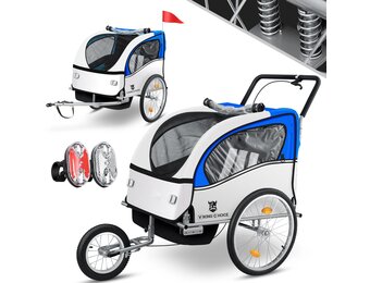 Fietskar kind - fietsaanhanger - 2-zits - schokbreker - blauw