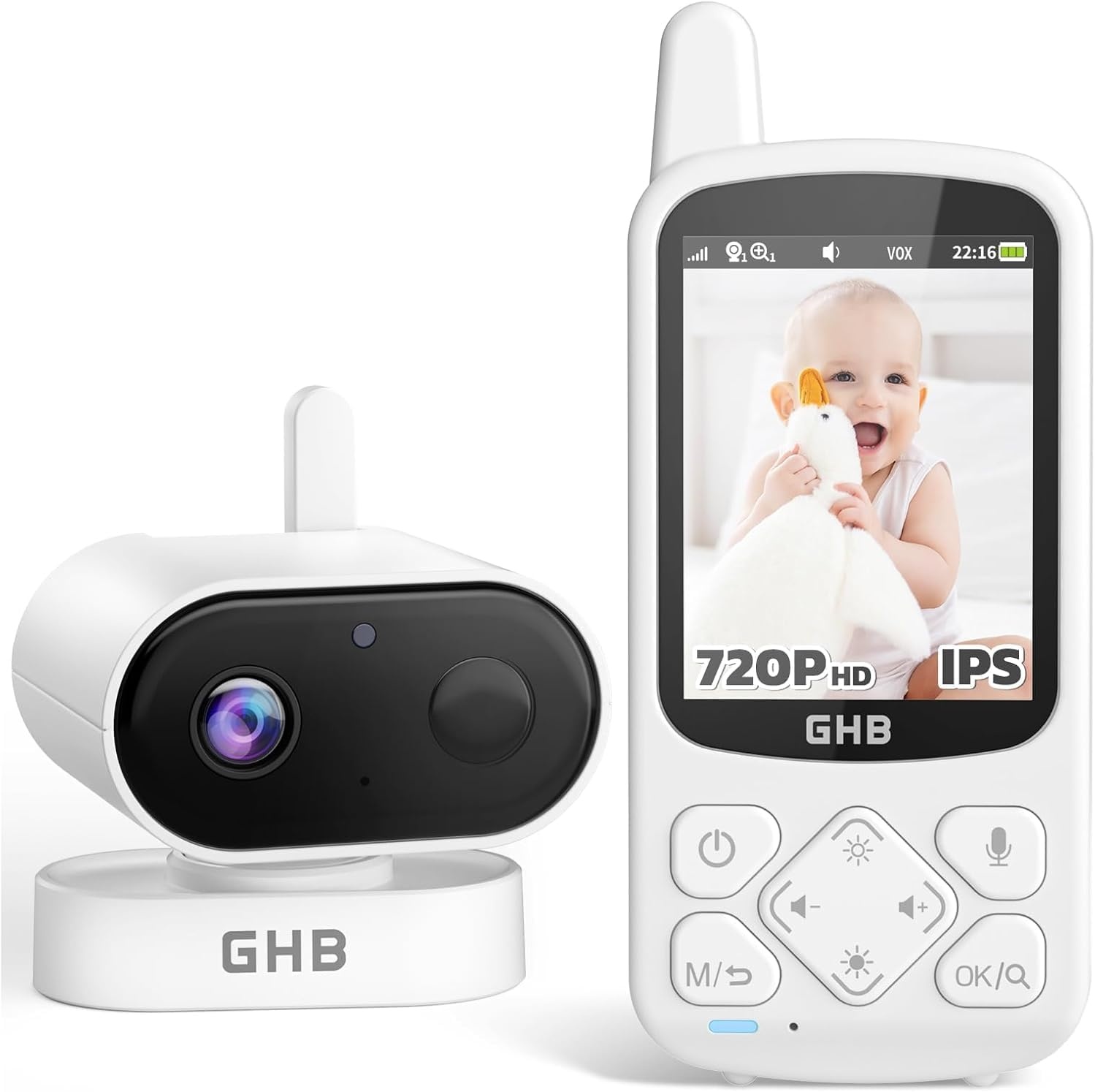 GHB Bewakingscamera voor baby's, met camera, LCD, 2,8 inch, 2000 mAh, nachtzicht, twee-weg communicatie