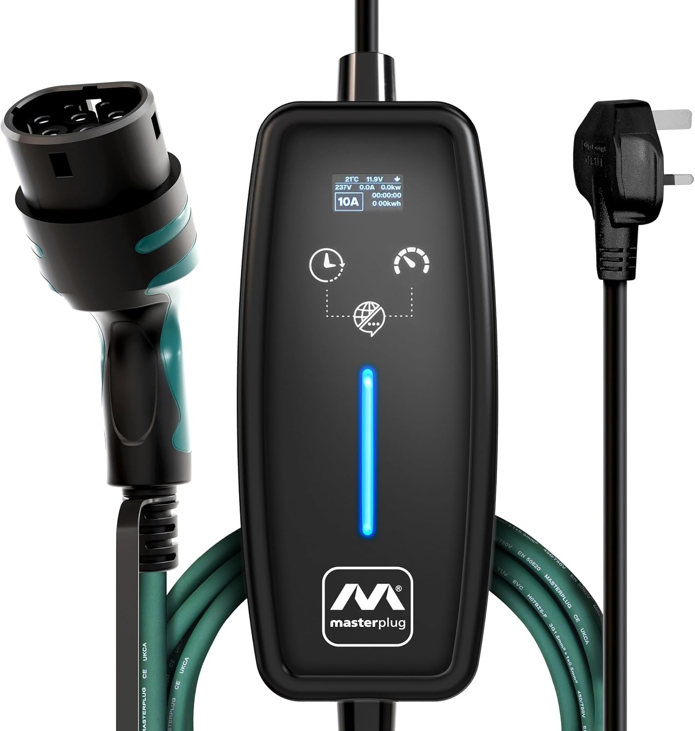 Masterplug EV Charging Cable for Electric and Hybrid Vehicles, 10 Metres, Mode 2, Delay Charging Function, 3 Pin UK Plug to Type 2 Car Charger, Language Options, 2.4kW, EVCM221010-MP2 - Maat 10 Metre