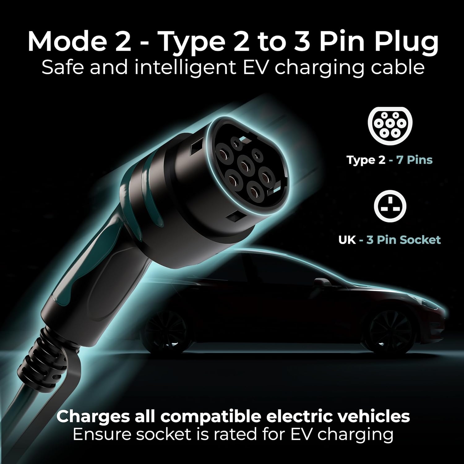 Masterplug EV Charging Cable for Electric and Hybrid Vehicles, 10 Metres, Mode 2, Delay Charging Function, 3 Pin UK Plug to Type 2 Car Charger, Language Options, 2.4kW, EVCM221010-MP2 - Maat 10 Metre