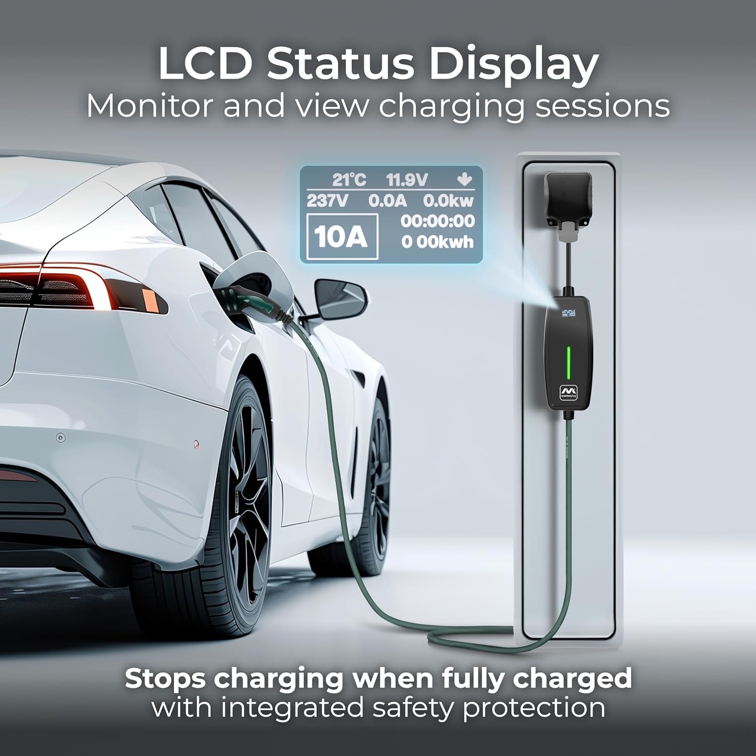 Masterplug EV Charging Cable for Electric and Hybrid Vehicles, 10 Metres, Mode 2, Delay Charging Function, 3 Pin UK Plug to Type 2 Car Charger, Language Options, 2.4kW, EVCM221010-MP2 - Maat 10 Metre