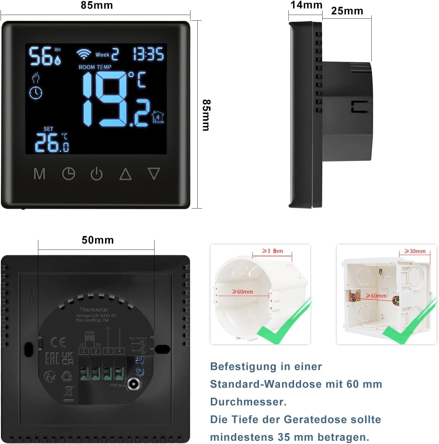 CNBINGO Slimme Wifi Thermostaat voor CV-ketel - Inbouw - Zwart